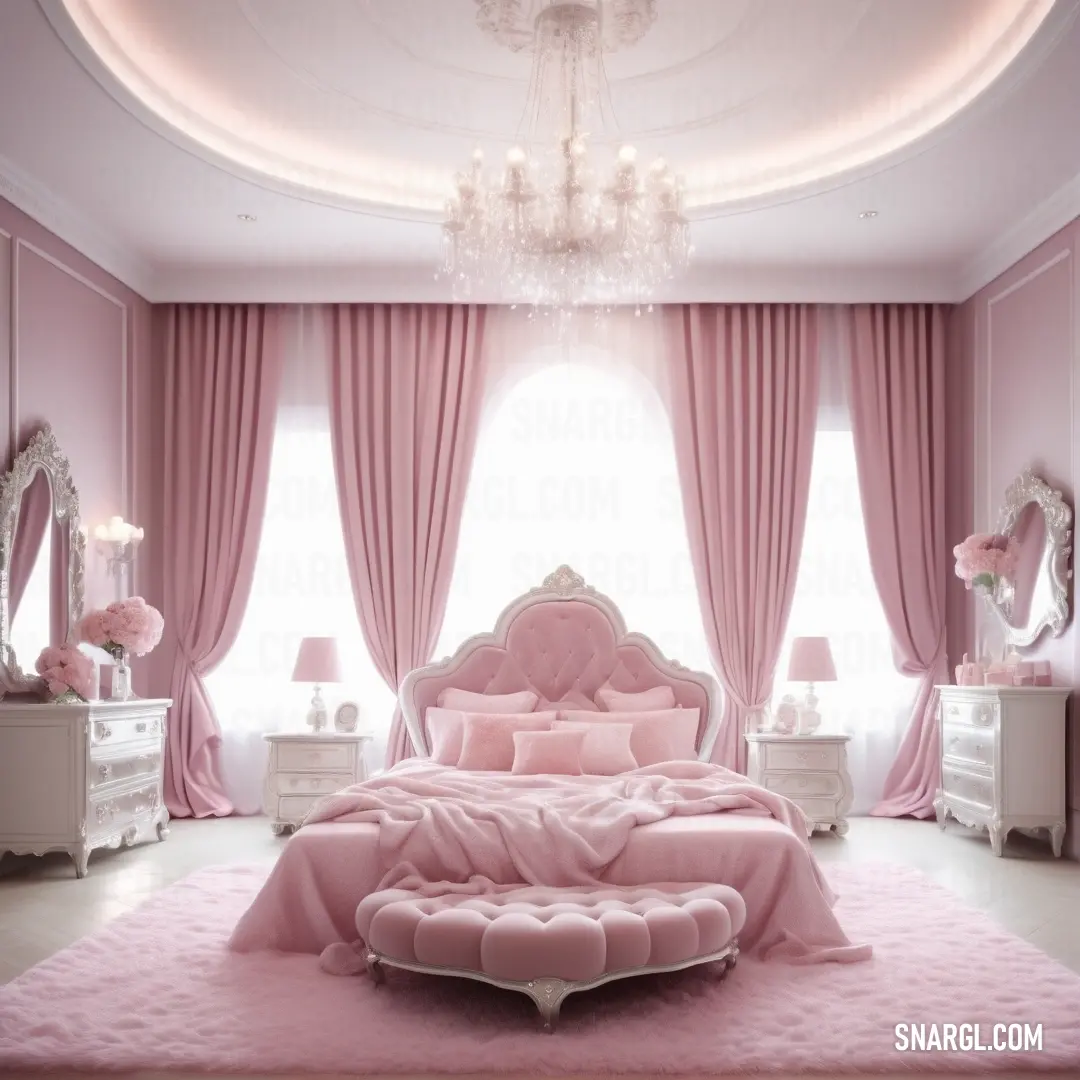 Bedroom with a pink bed and a chandelier and a pink rug on the floor and a chandelier hanging from the ceiling