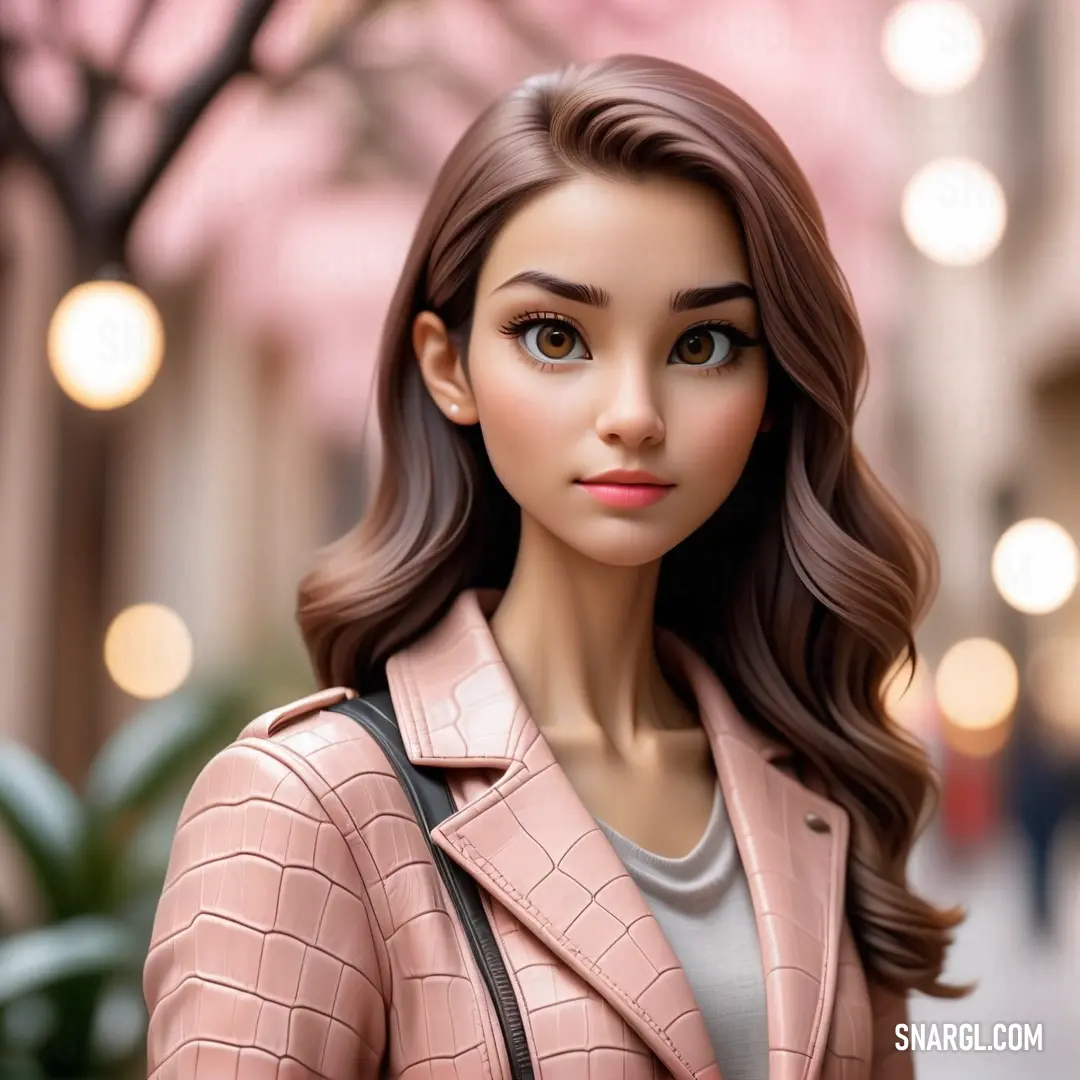 Doll is standing on a city street with a pink jacket on and a black purse on her shoulder. Color #C58B93.