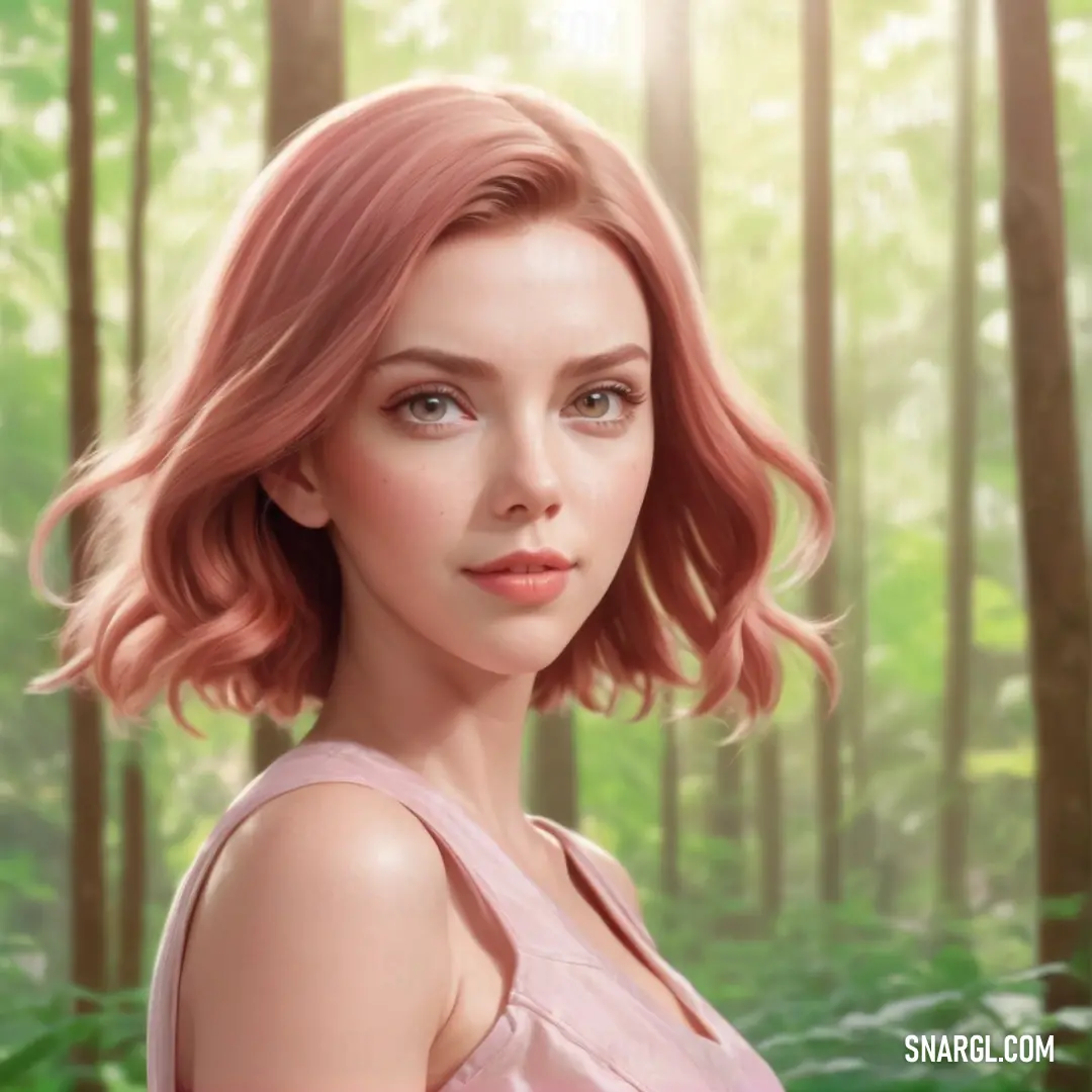 Painting of a woman in a pink dress in a forest with trees and grass behind her. Example of CMYK 6,50,21,14 color.
