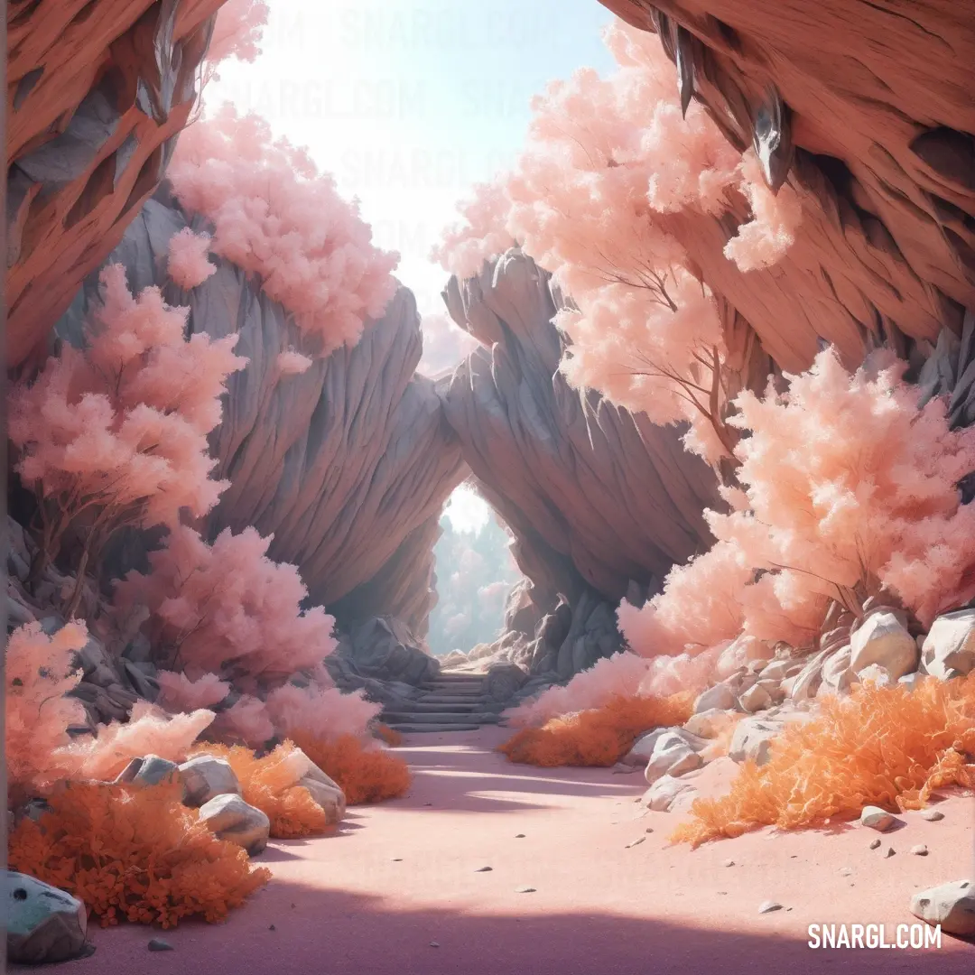 Surreal landscape with a pathway leading to a cave entrance with pink smoke coming out of it. Color #C58B93.