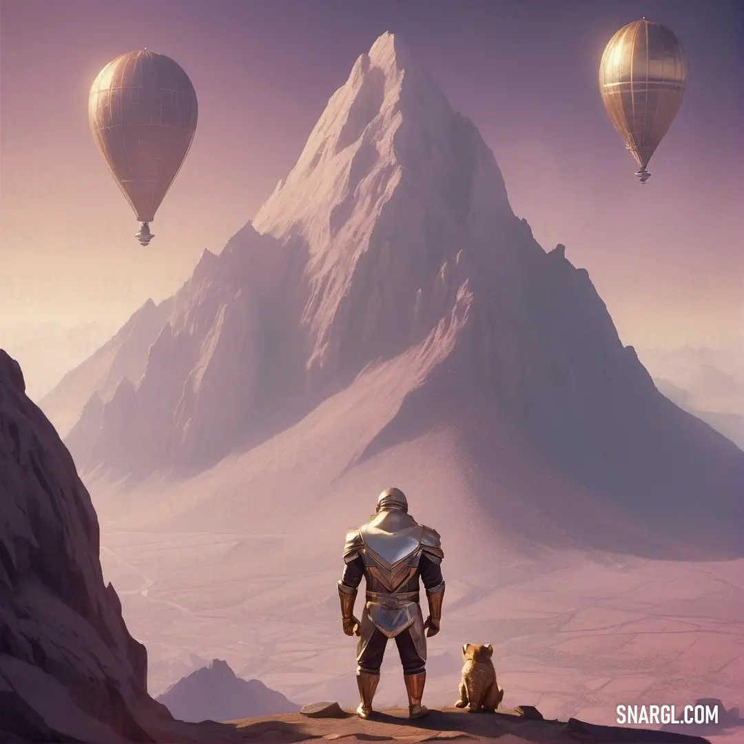 Man standing on top of a mountain next to a dog and a balloon in the sky above him. Example of PANTONE 5005 color.