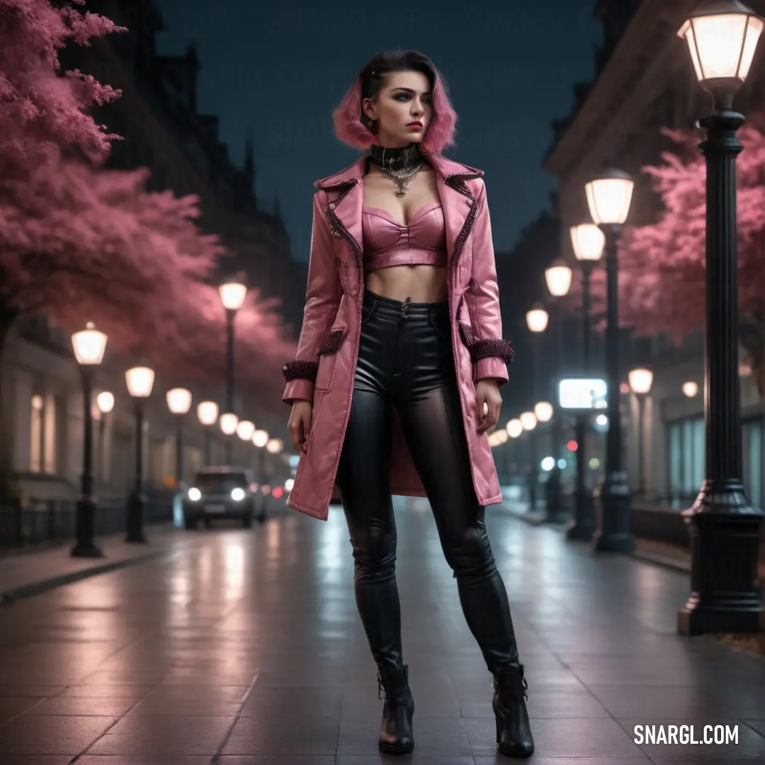 Woman in a pink coat and black pants standing on a sidewalk at night with a street light in the background. Color CMYK 10,52,25,29.