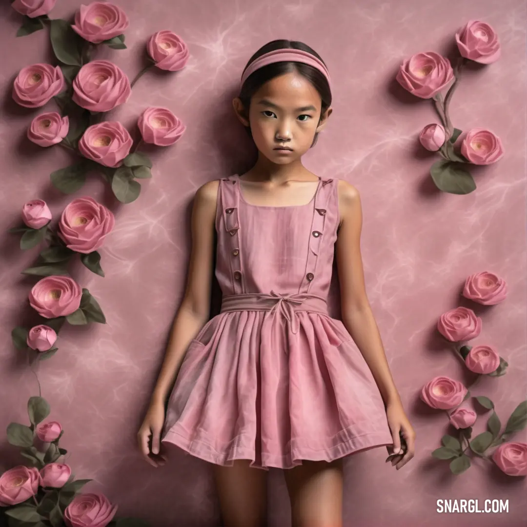 Young girl standing in front of a pink wall with roses on it and a pink background. Color CMYK 10,52,25,29.