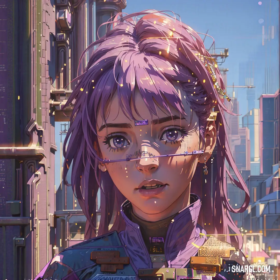 PANTONE 501 color. Girl with purple hair and glasses in a futuristic city setting with a futuristic city in the background