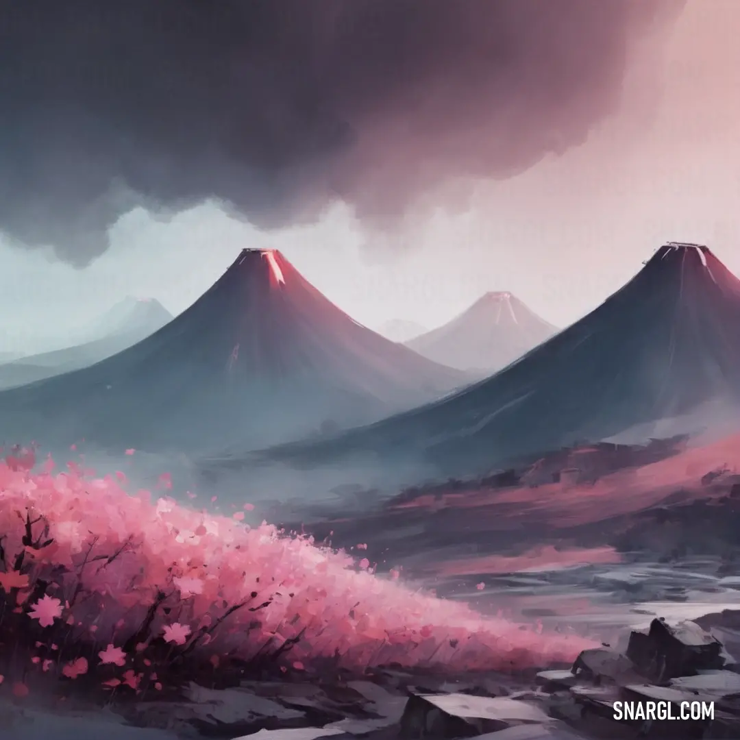PANTONE 501 color example: Painting of a mountain range with pink flowers in the foreground and a dark sky in the background
