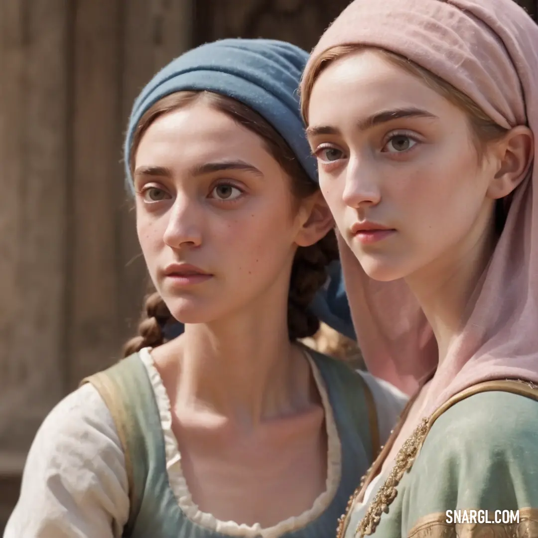 Two women in renaissance clothing standing next to each other in front of a building with a wooden door behind them