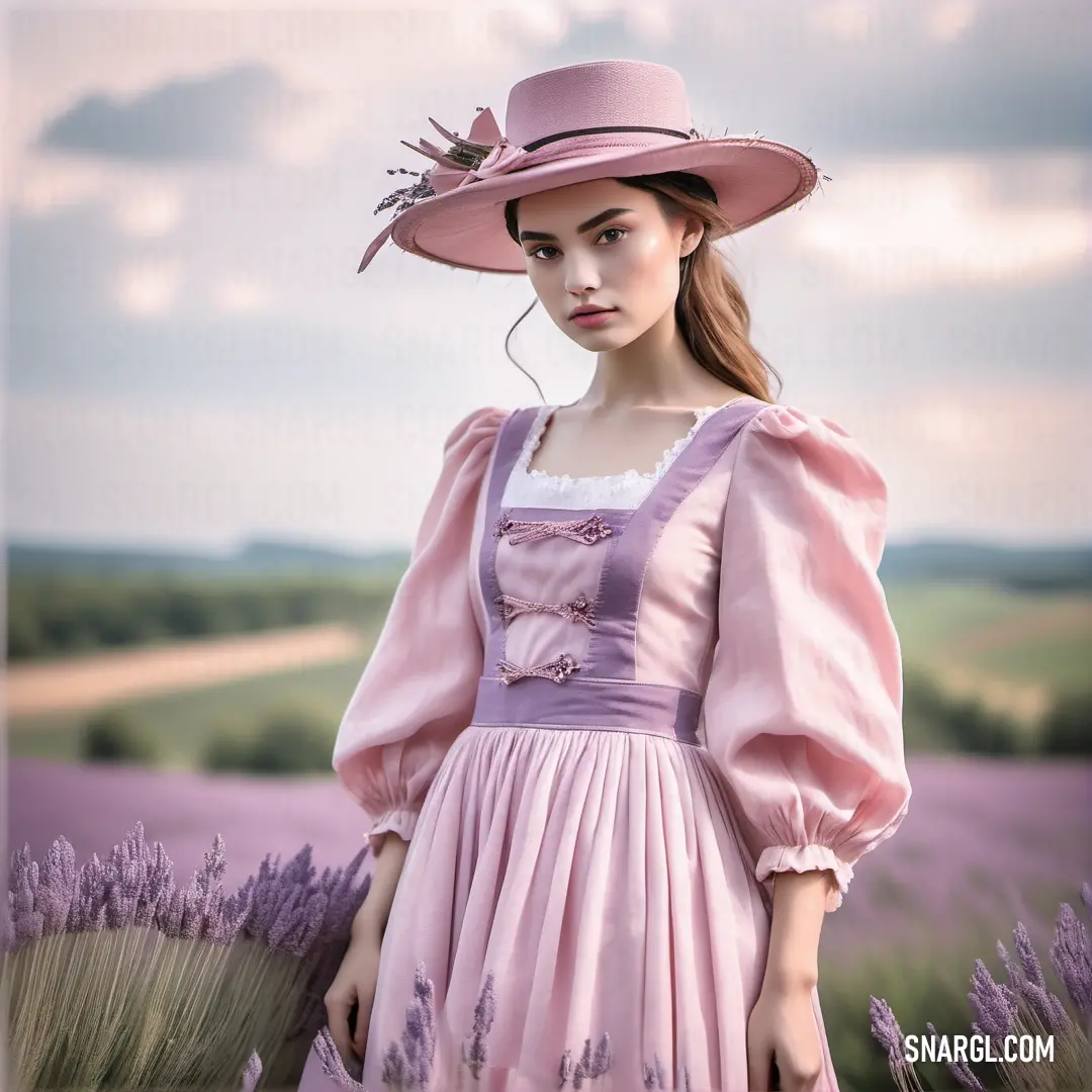 Woman in a pink dress and hat standing in a lavender field with lavender flowers in the background. Color CMYK 1,39,11,5.