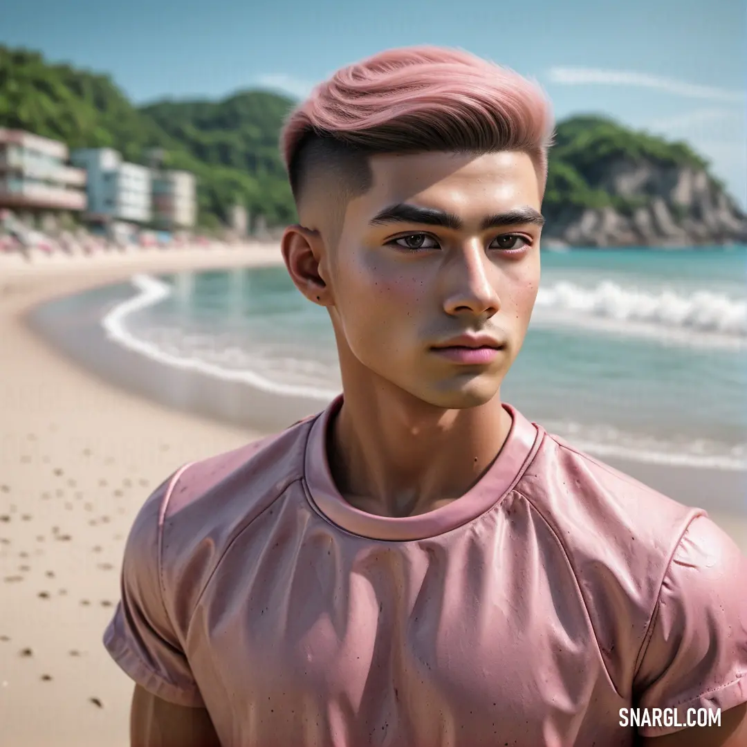 Man with pink hair standing on a beach next to the ocean and a cliff in the background. Color #CFA6A9.