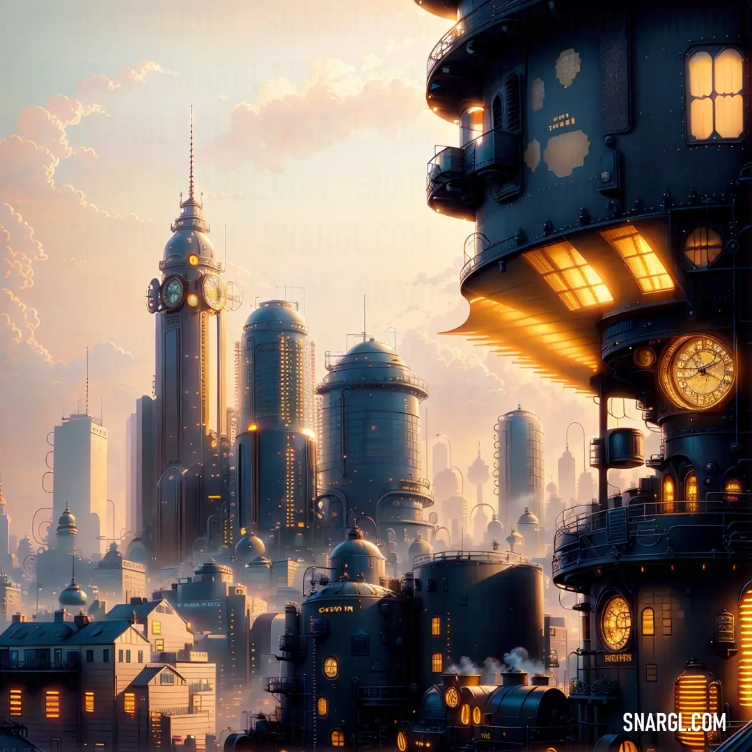 City with a clock tower and a lot of buildings in the background at sunset or dawn with a cloudy sky. Color RGB 216,177,178.