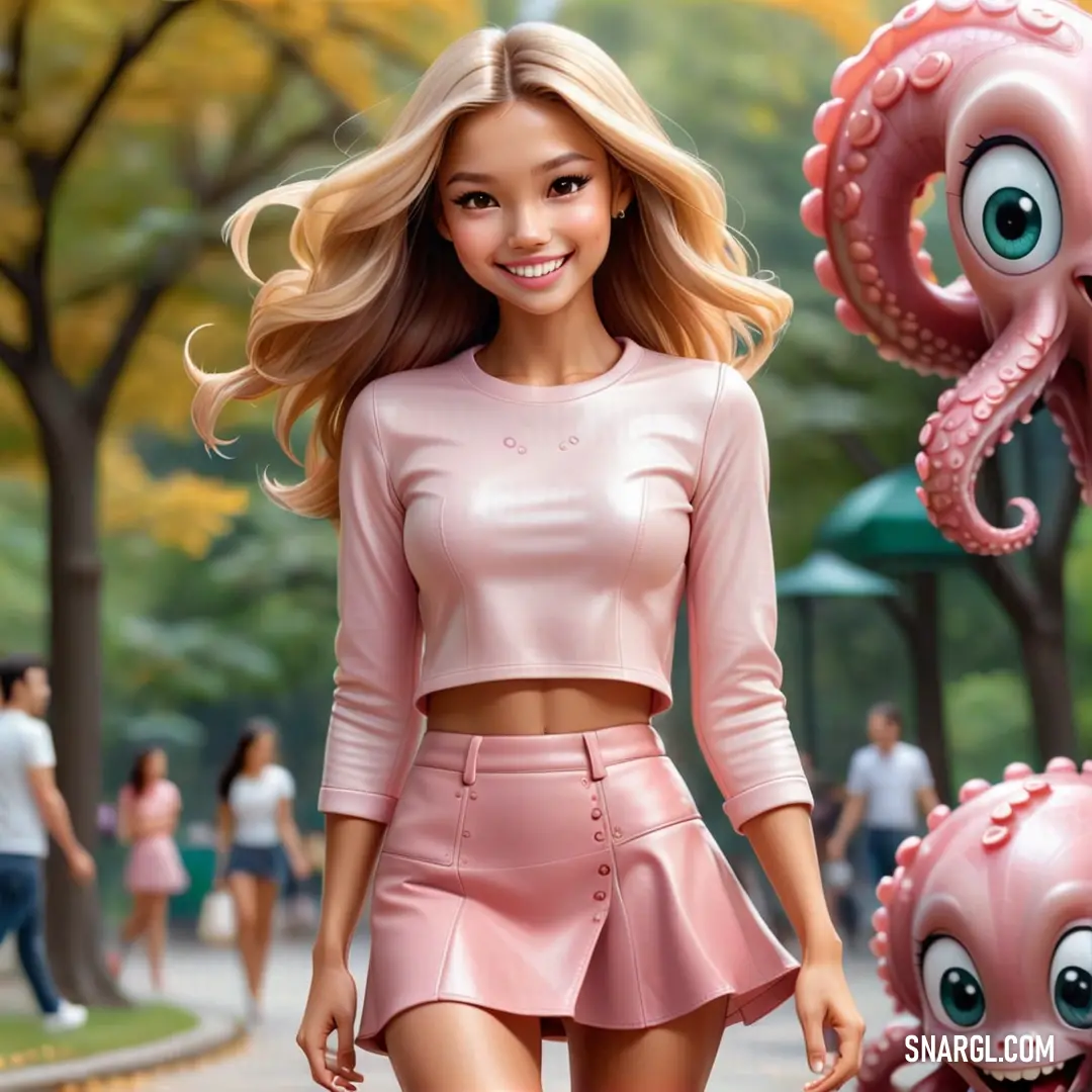 Girl in a pink outfit is walking down the street with an octopus balloon in the background