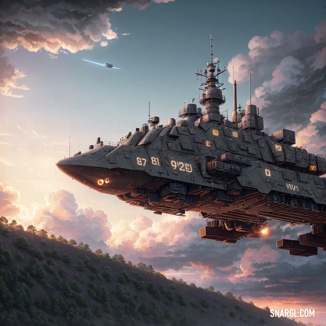 Large military ship floating in the air over a mountain side under a cloudy sky