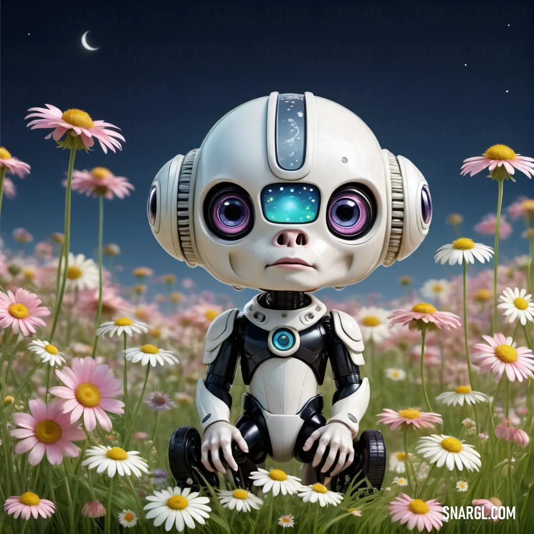 Robot in a field of daisies with a moon in the background and a full moon in the sky. Color PANTONE 503.