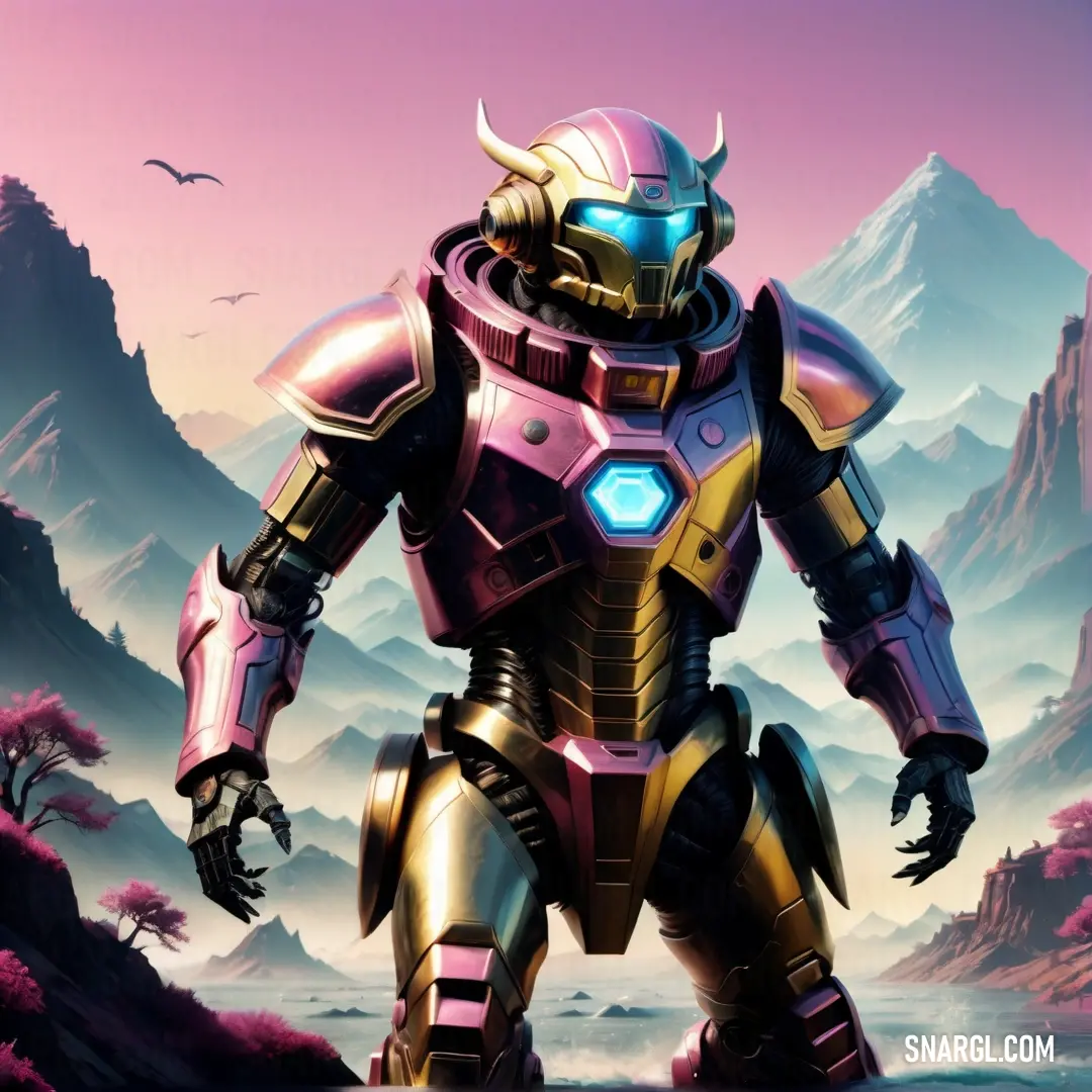 Robot standing in front of a mountain range with a sky background and a bird flying overhead in the sky. Color RGB 237,205,209.