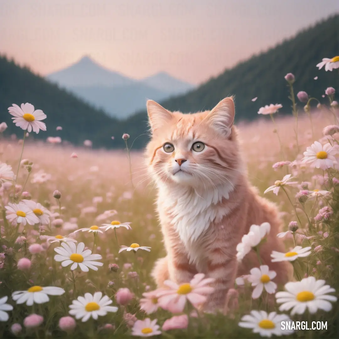 Cat in a field of flowers with mountains in the background. Example of PANTONE 5035 color.