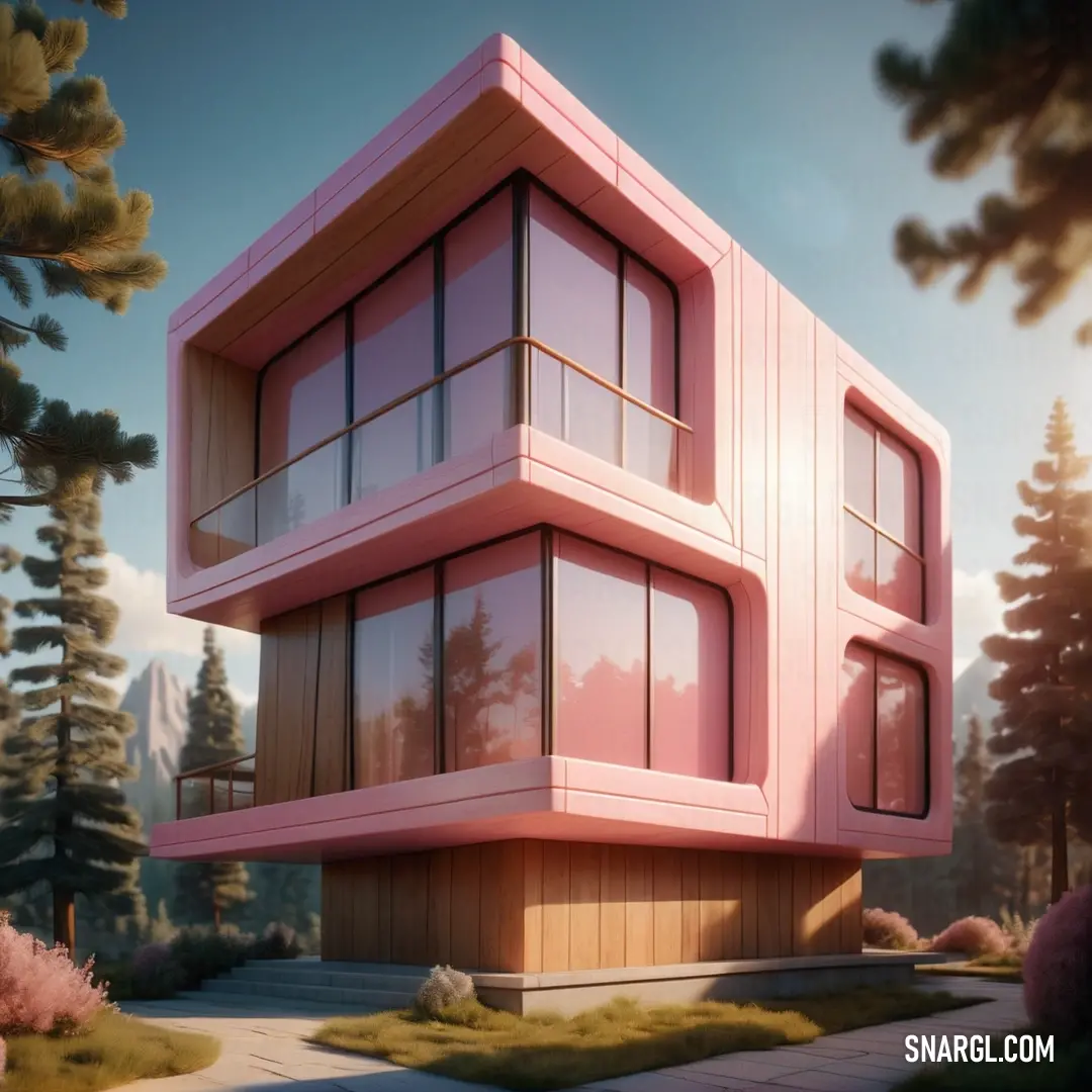 Pink building with a lot of windows on it's side in the middle of a forest area. Example of RGB 230,202,203 color.