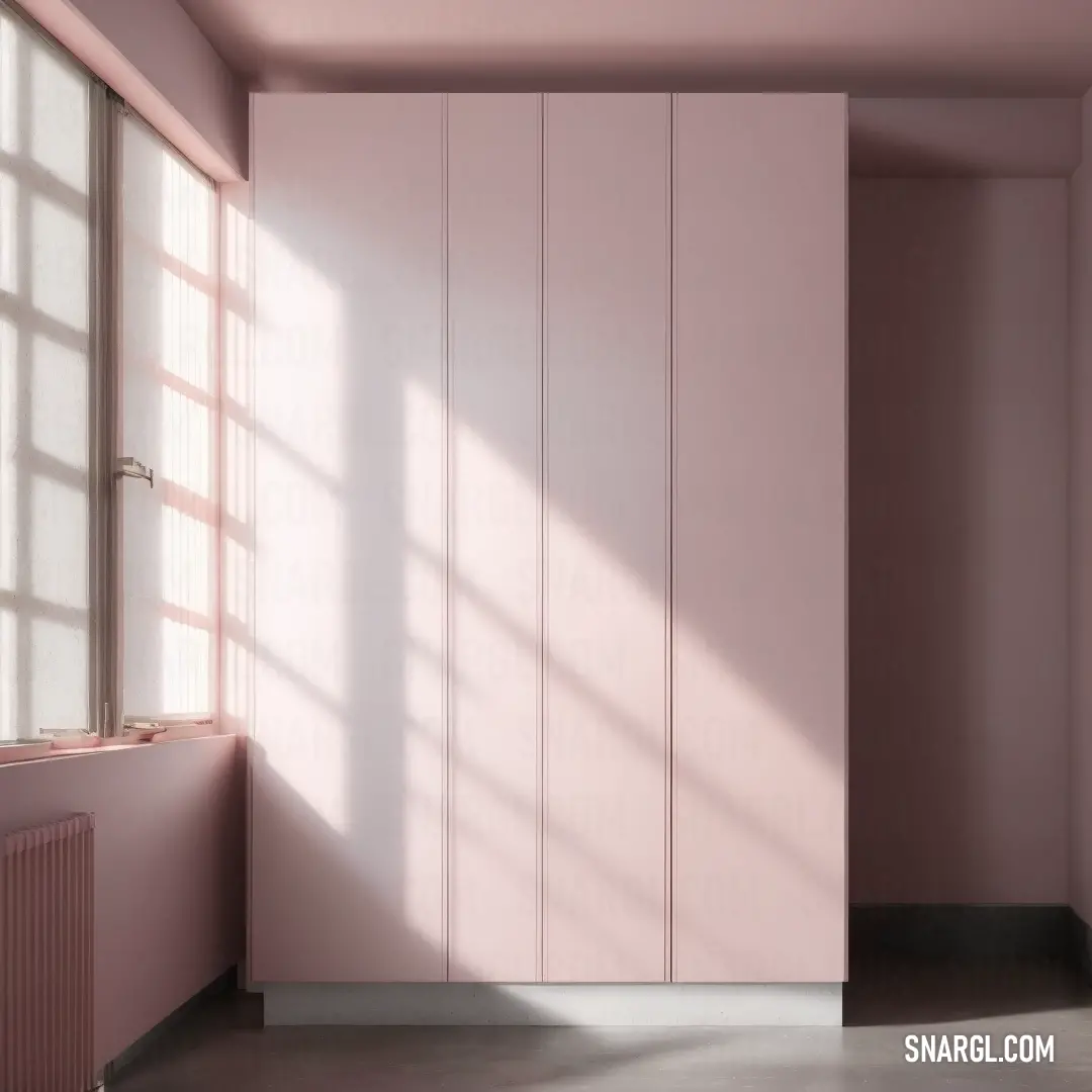 Room with a pink wall and a radiator and a window with a light coming through it. Example of RGB 230,202,203 color.