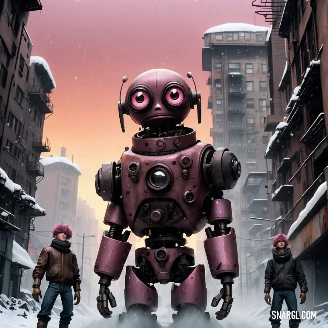 PANTONE 504 color example: Group of people standing next to a robot in a city with snow on the ground and buildings in the background