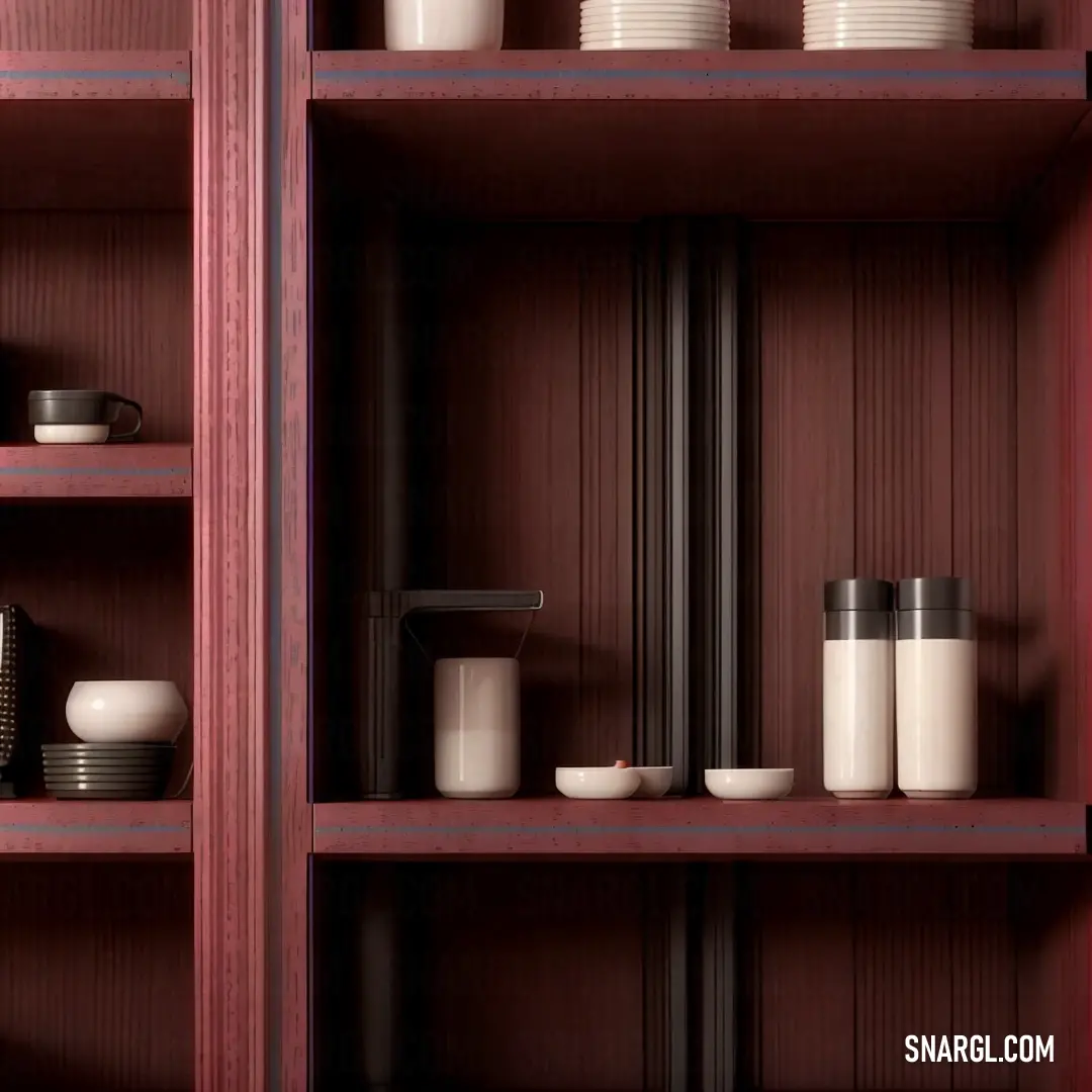 Shelf with a lot of cups and plates on it and a faucet in the middle of the shelf. Example of RGB 93,53,59 color.