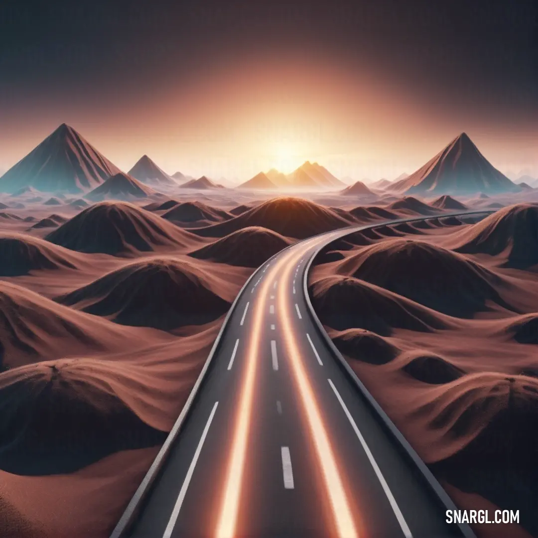 PANTONE 505 color example: Road going through a desert with mountains in the background