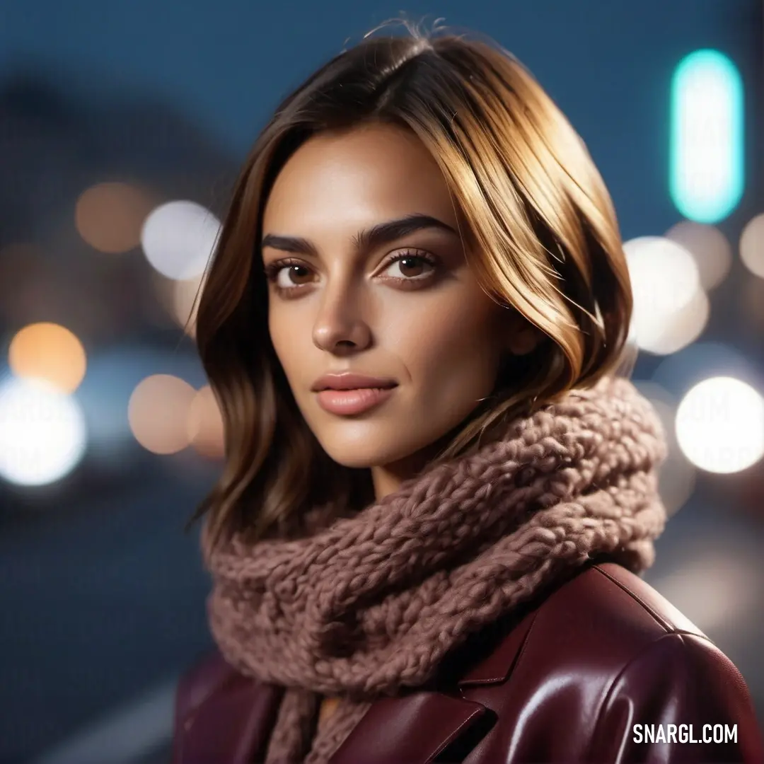 PANTONE 505 color. Woman with a scarf around her neck looking at the camera with a blurry background