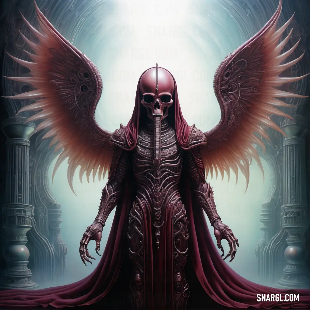 Demonic demon with wings and a skull on his chest standing in a dark room with columns and pillars. Color RGB 125,64,78.