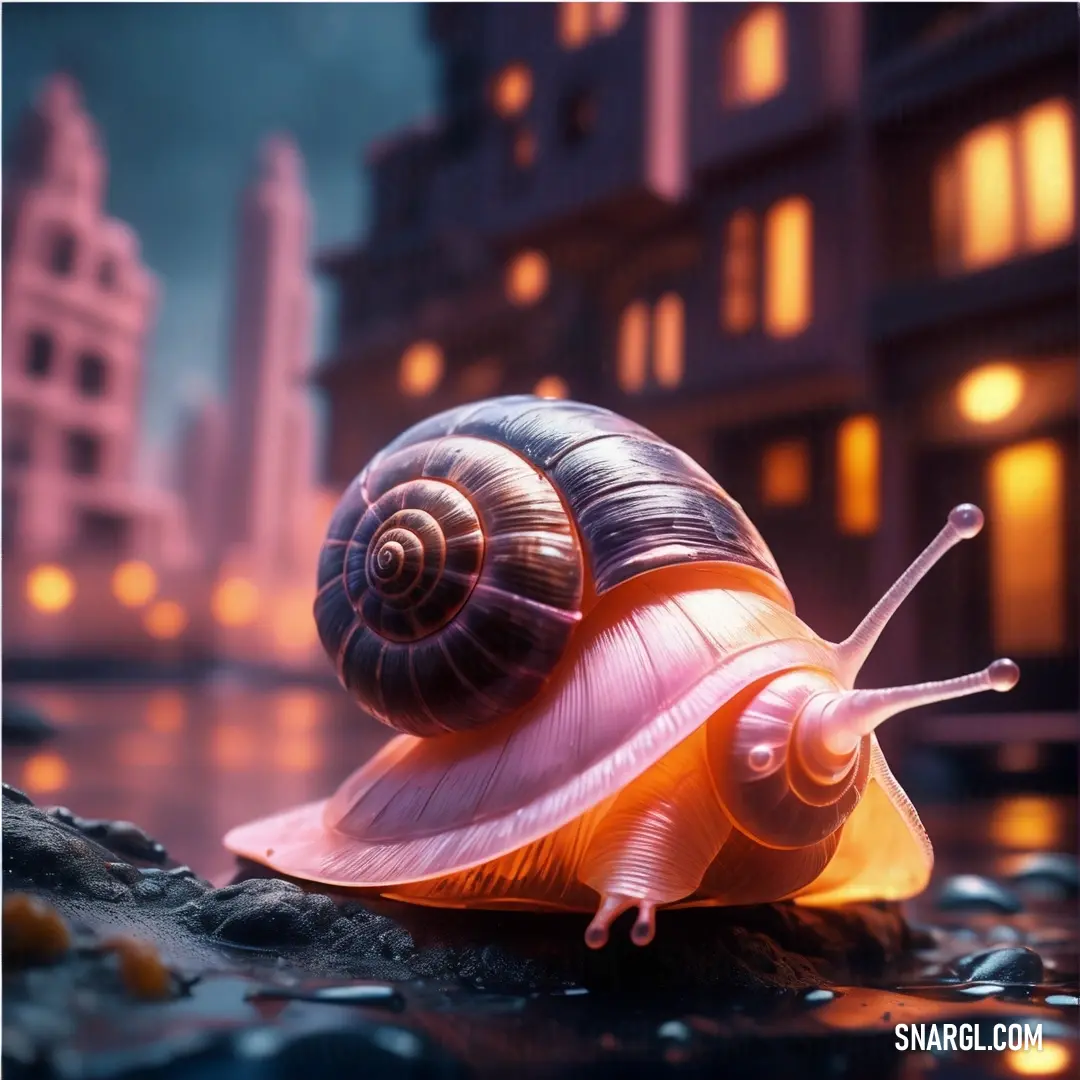 Snail is on a rock in the rain outside a building at night with lights on the windows. Color RGB 125,64,78.