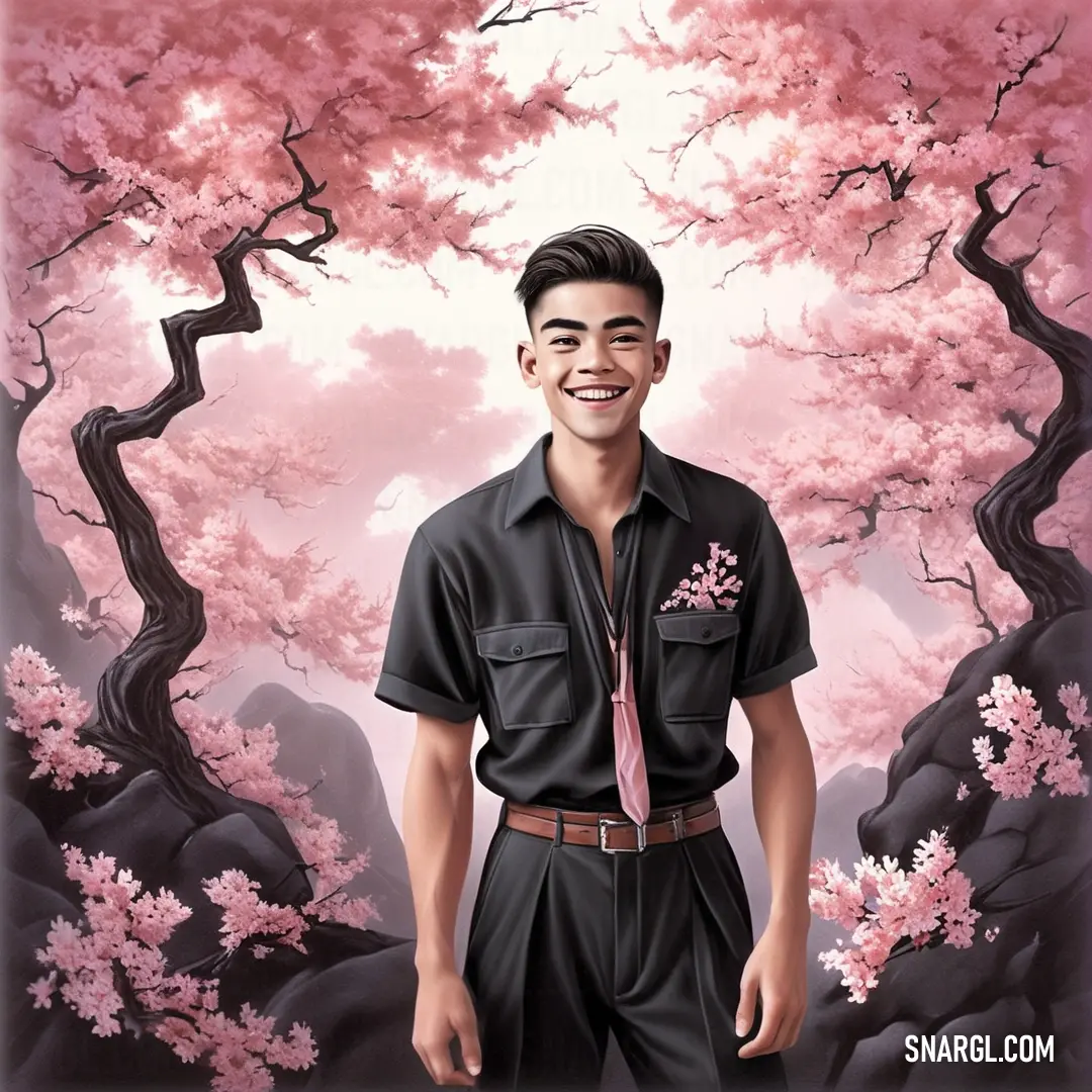 PANTONE 507 color example: Man in a black shirt and tie standing in front of a pink tree with pink blossoms on it