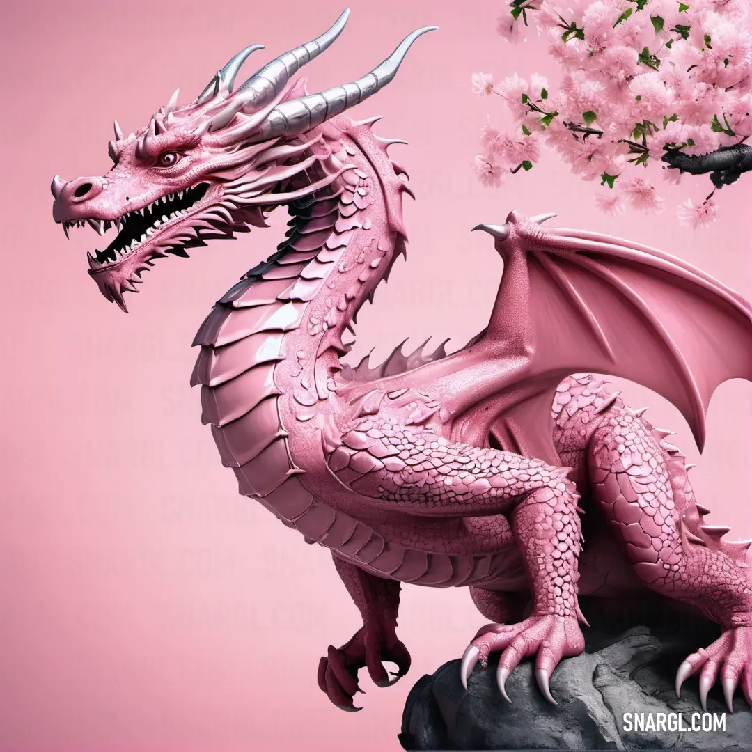 PANTONE 507 color. Pink dragon statue on top of a rock next to a tree with pink flowers in it's branches