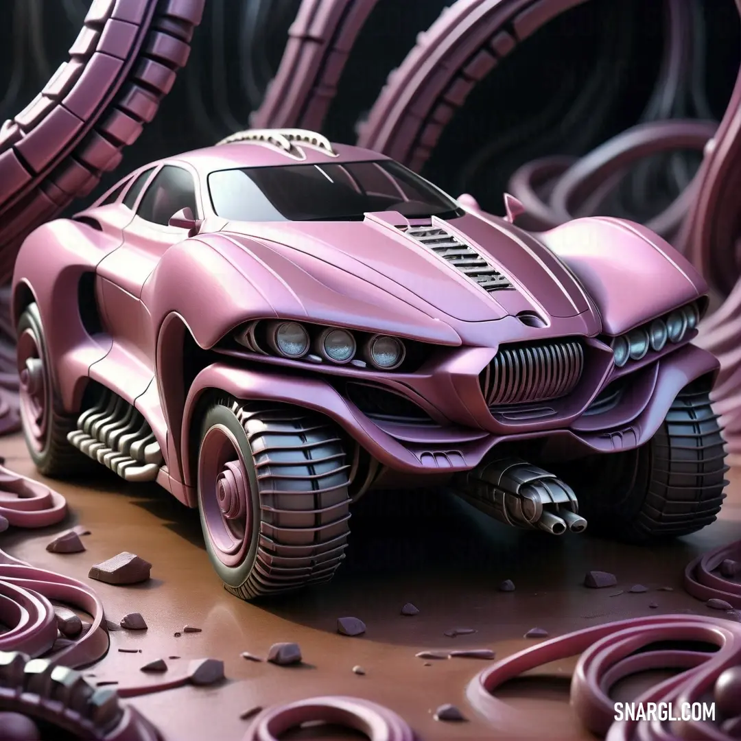 Pink car is parked in a pile of purple spirals and rocks, with a black background. Example of CMYK 1,41,4,2 color.