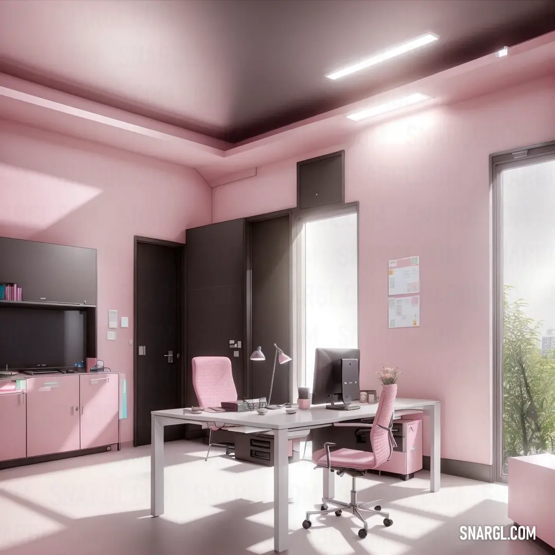 Pink office with a desk and chair and a television on a stand in the corner of the room. Color RGB 227,175,196.