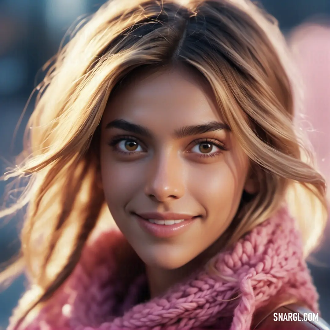 Woman with a pink scarf around her neck smiling at the camera with a city in the background. Color PANTONE 508.