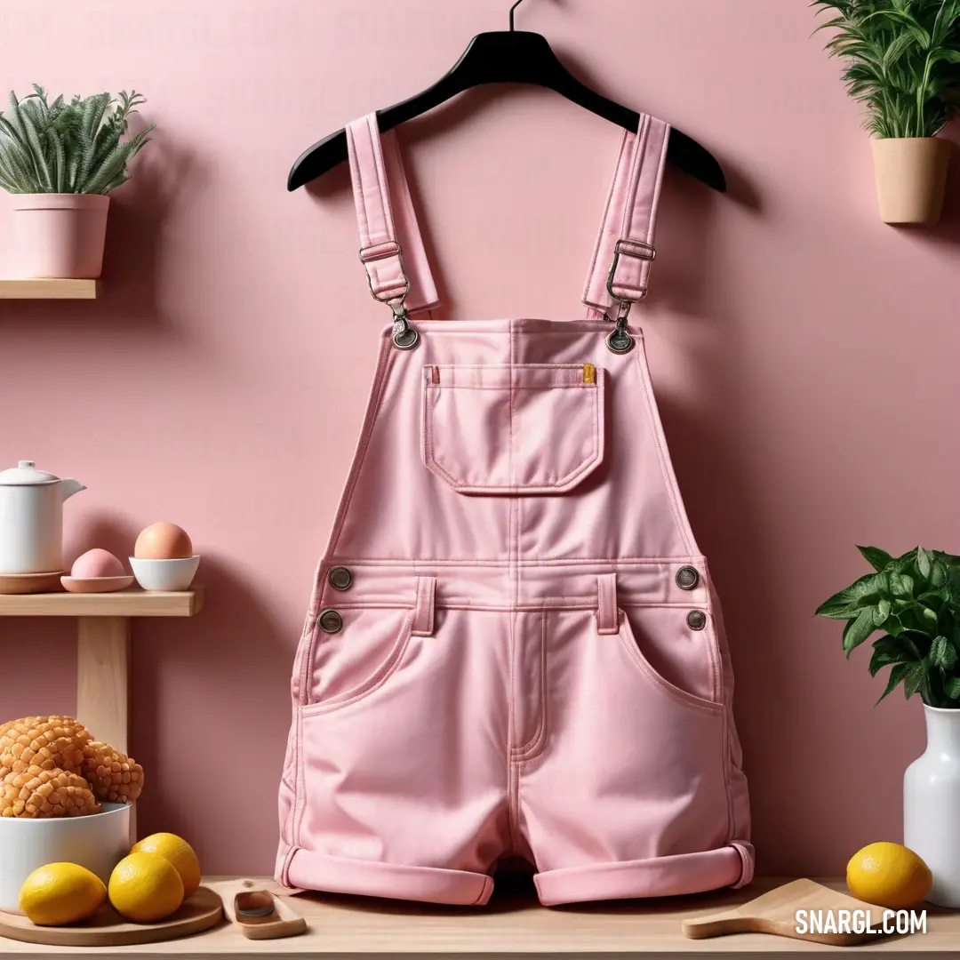 Pink pair of overalls hanging on a pink wall next to a potted plant and a bowl of lemons. Example of #EABBCE color.
