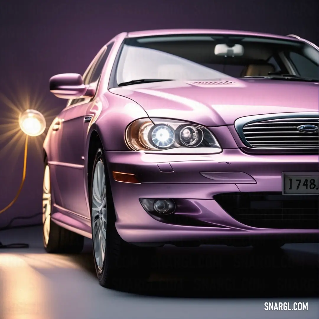 Purple car is parked in a garage with a light on it's headlight and a purple background. Color #EABBCE.