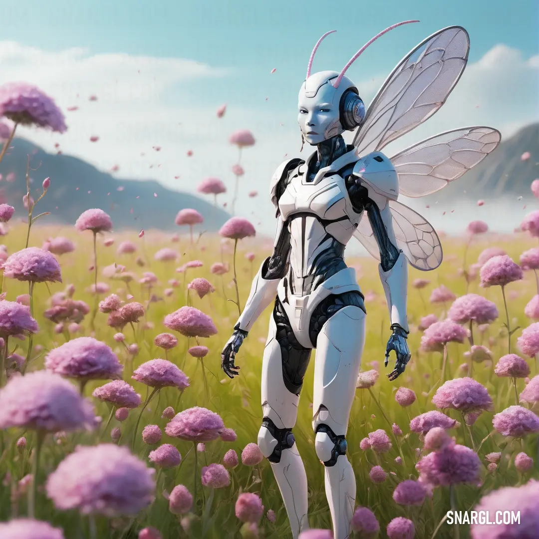 Robot in a field of flowers with a sky background. Example of CMYK 1,36,3,0 color.