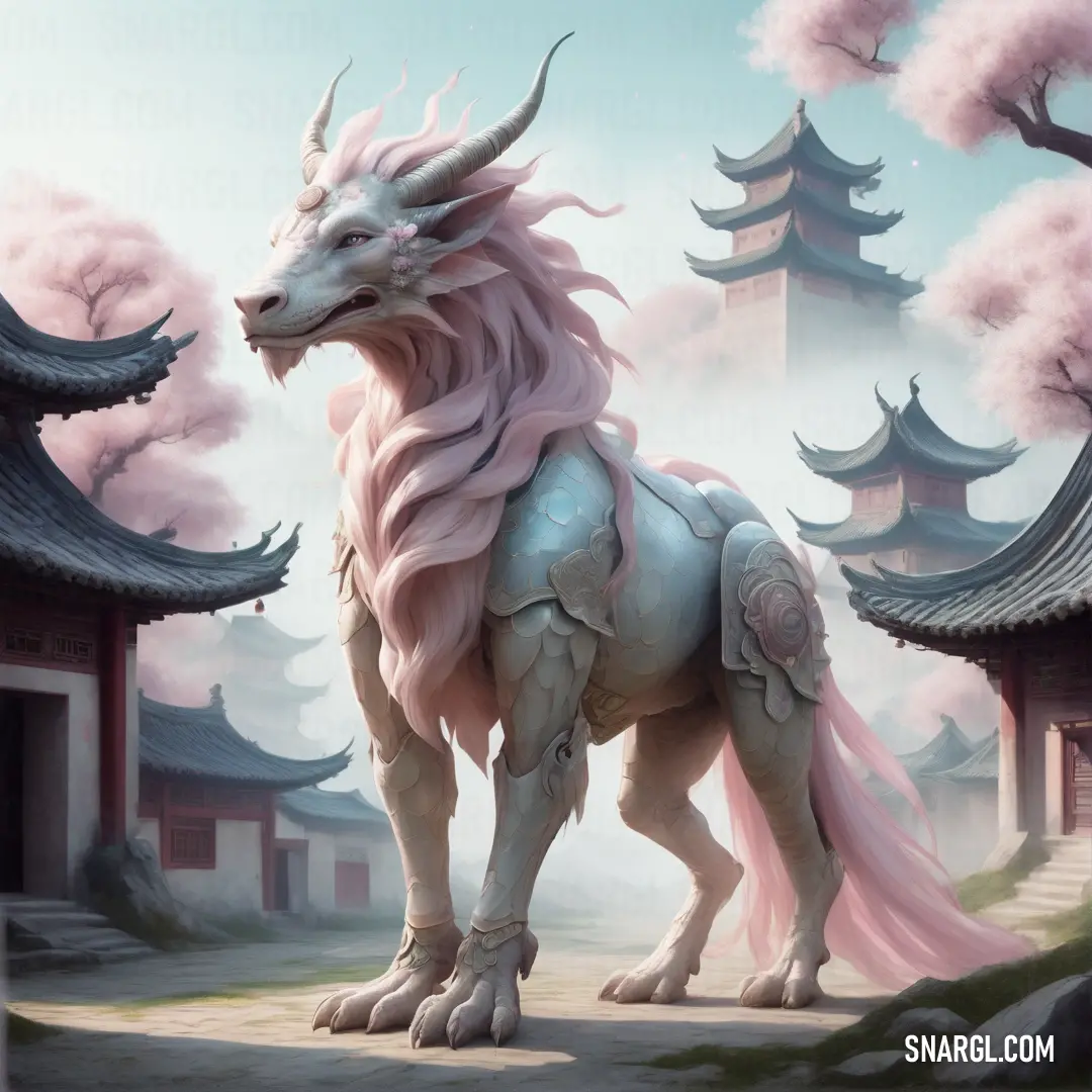 White dragon with pink mane standing in front of a building with pagodas in the background and pink smoke coming from its tail