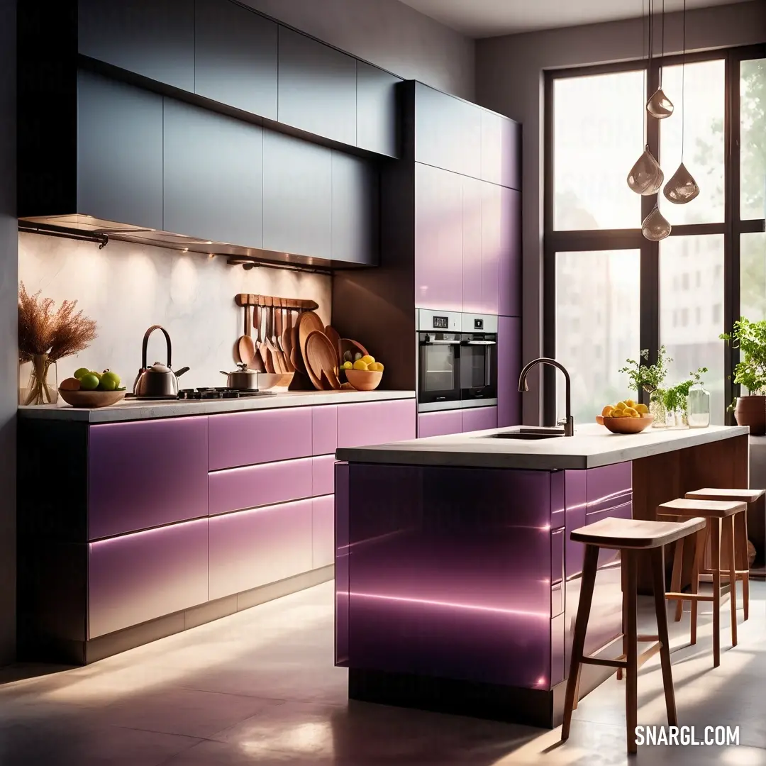 PANTONE 511 color. Kitchen with a purple counter and a white counter top and a window with a city view outside it