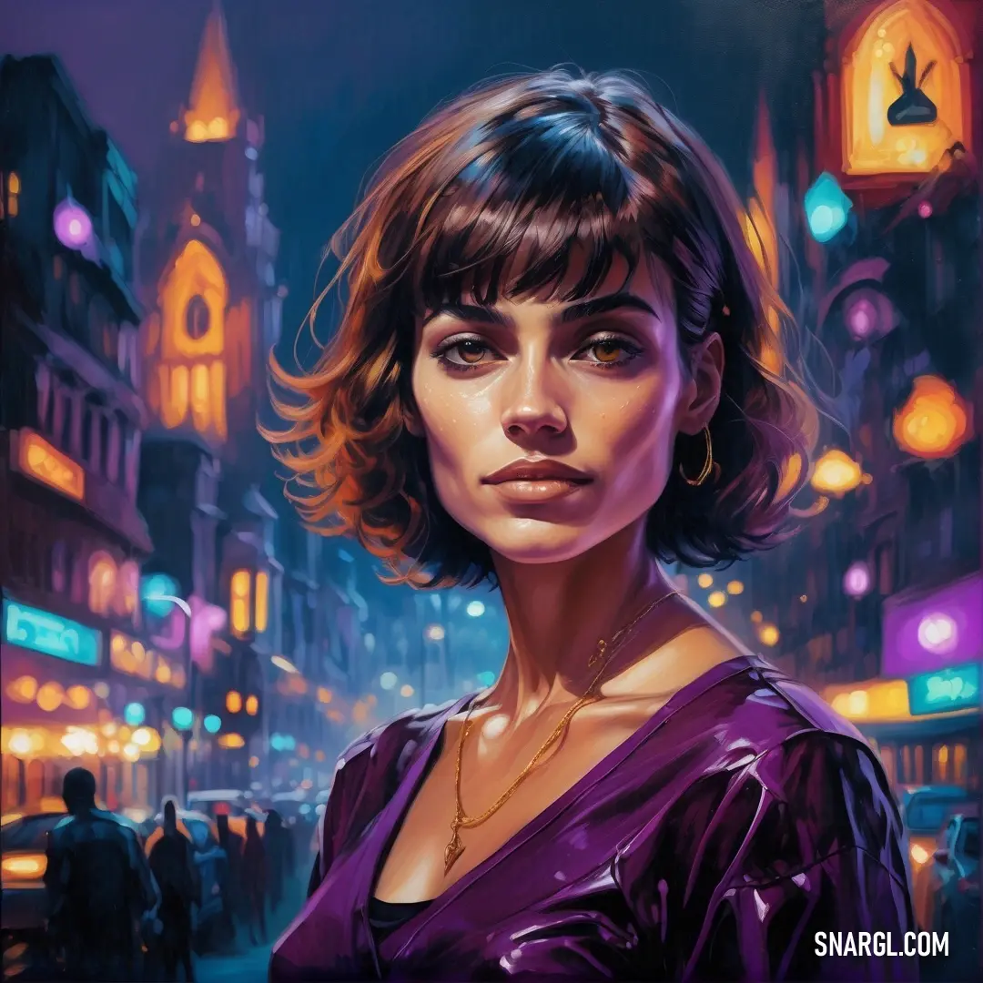 PANTONE 511 color example: Painting of a woman in a purple dress in a city at night with a clock tower in the background