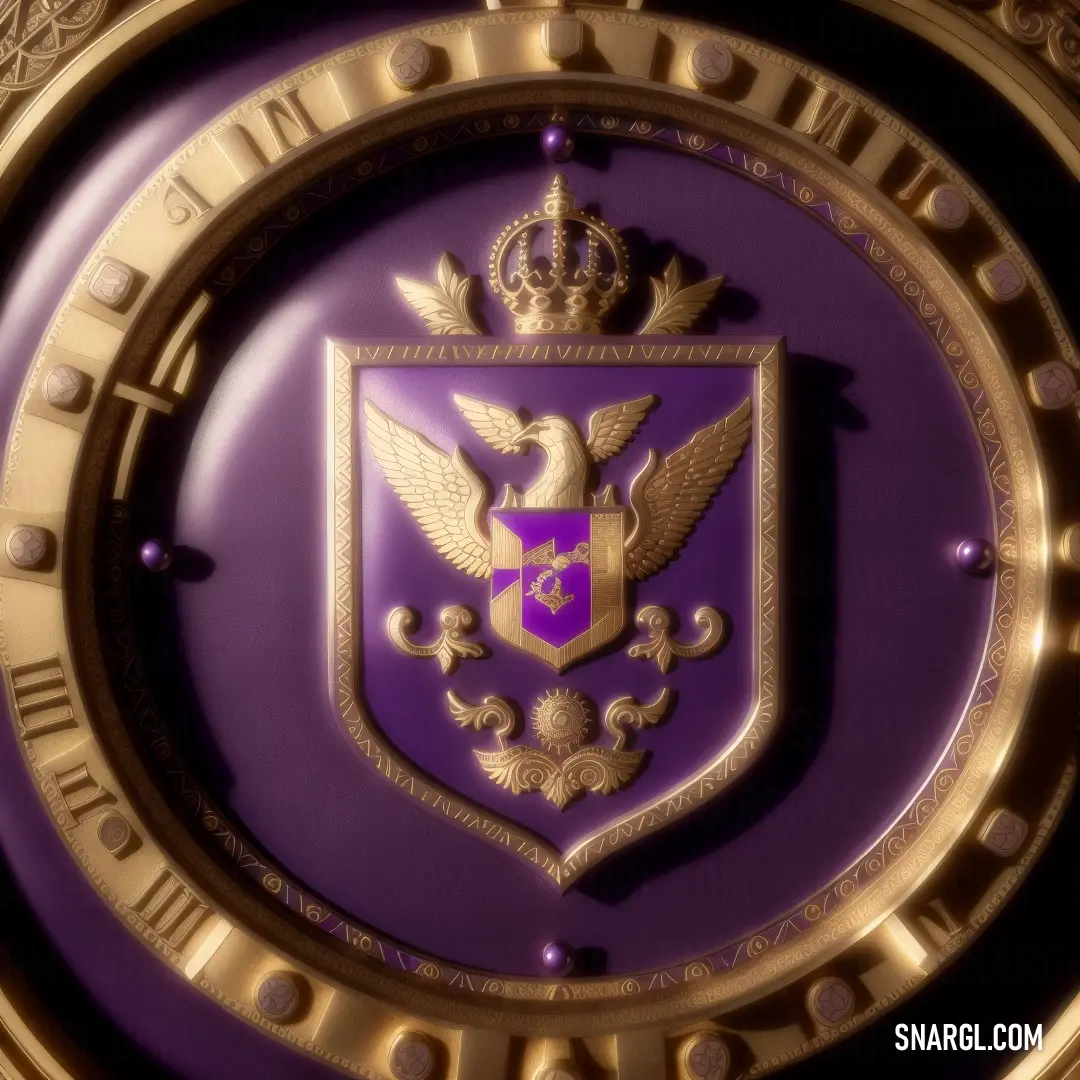 Purple and gold emblem with a crown on top of it. Example of CMYK 50,99,9,59 color.