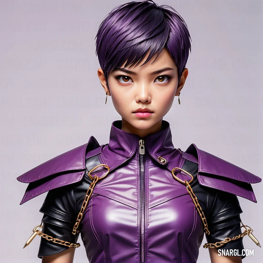 Woman with purple hair wearing a purple leather outfit and gold chains on her shoulders and a black leather jacket
