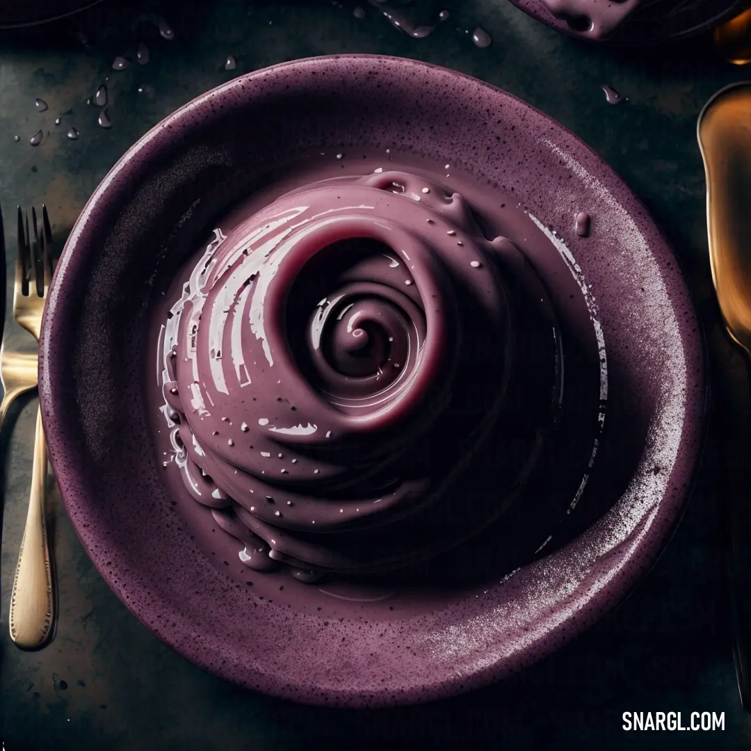 Purple plate with a swirl of chocolate on it and a fork and knife on the side of the plate. Color PANTONE 5115.