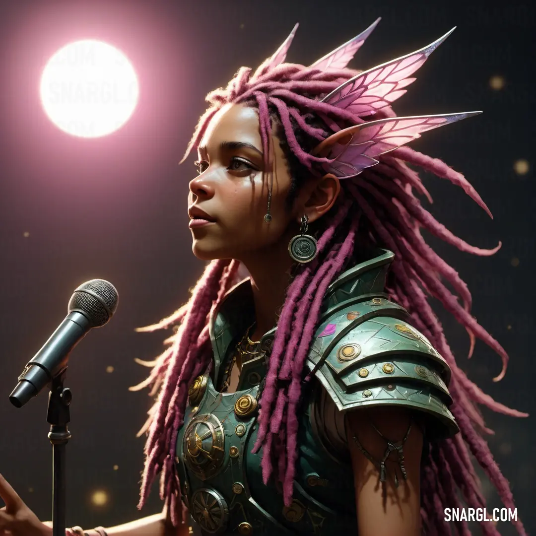 Woman with dreadlocks and a microphone in front of a full moon and stars background. Color #552D41.