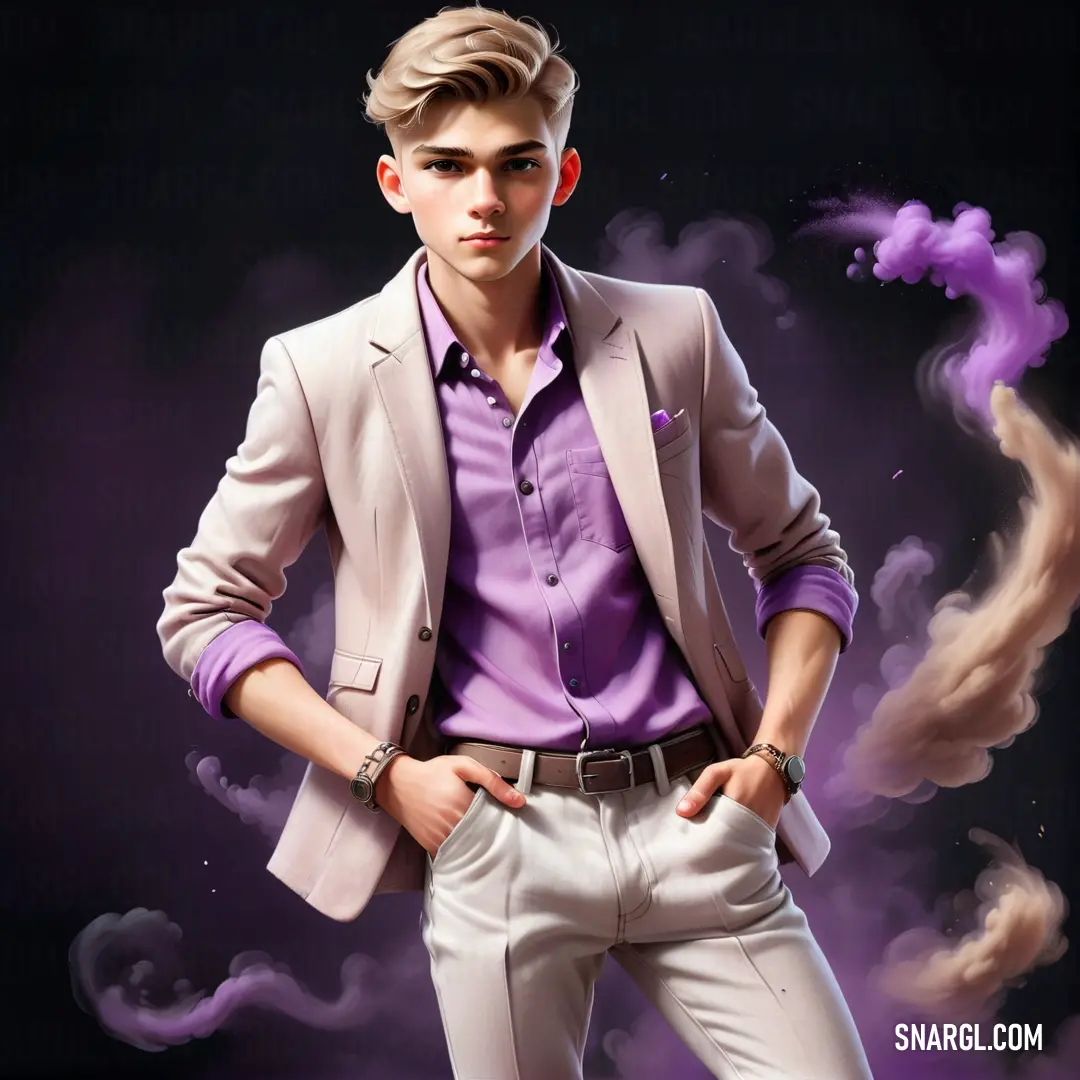 Man in a suit and tie standing in front of a purple smoke cloud background with his hands on his hips. Example of PANTONE 512 color.
