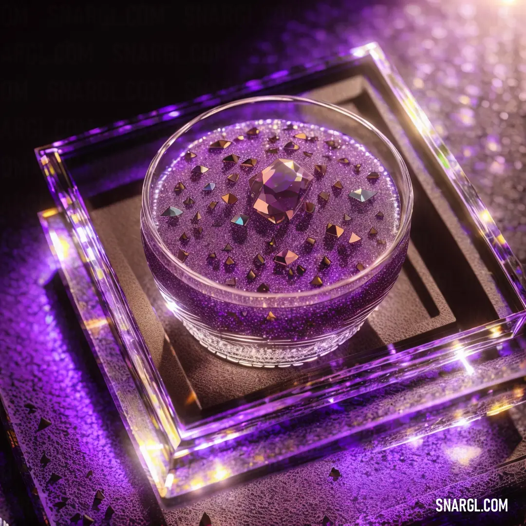 Purple candle is on a glass plate on a table with a purple light behind it and a purple background. Example of PANTONE 512 color.