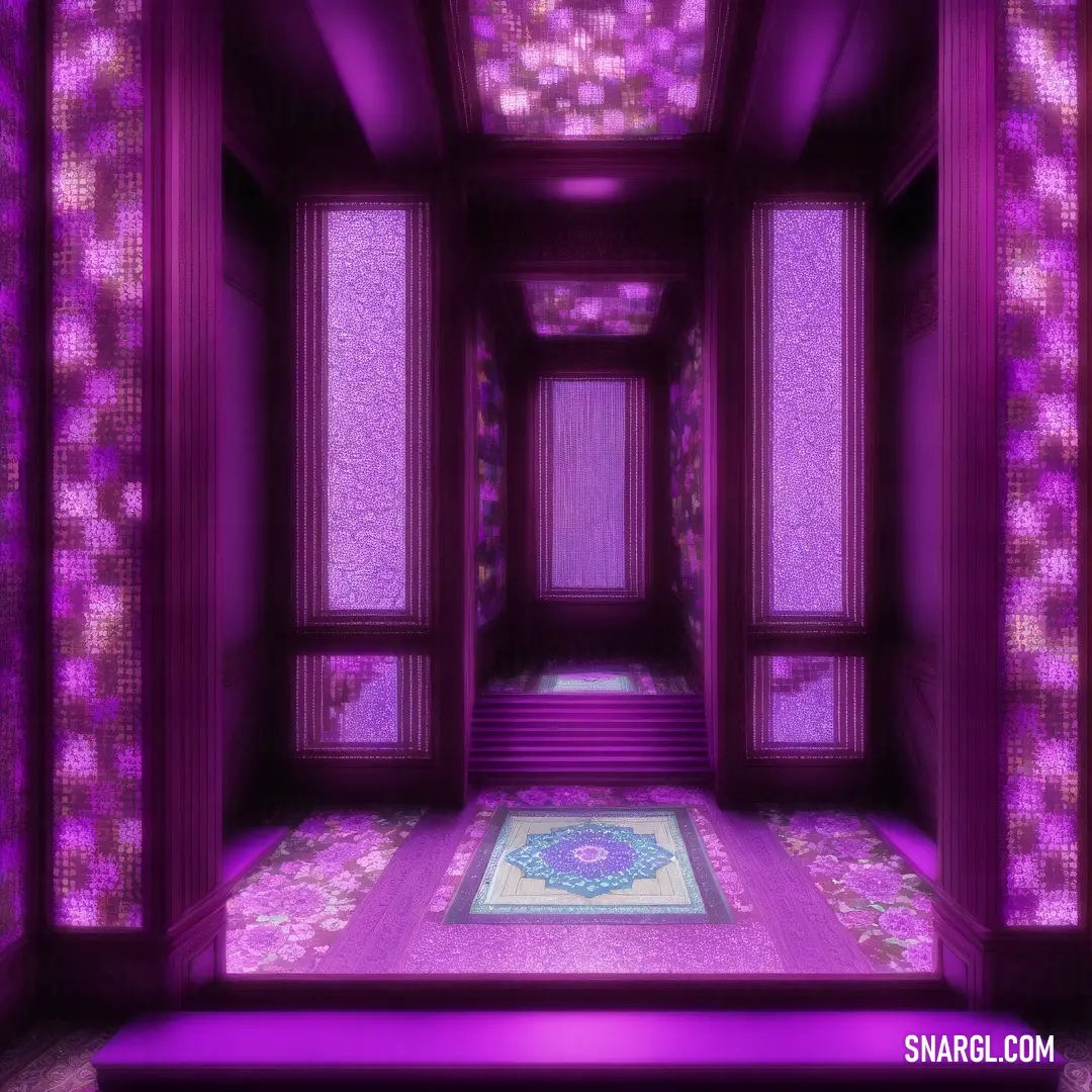 Purple room with a carpet and a purple wall and floor tile and a purple door and a purple carpet. Color #85367B.