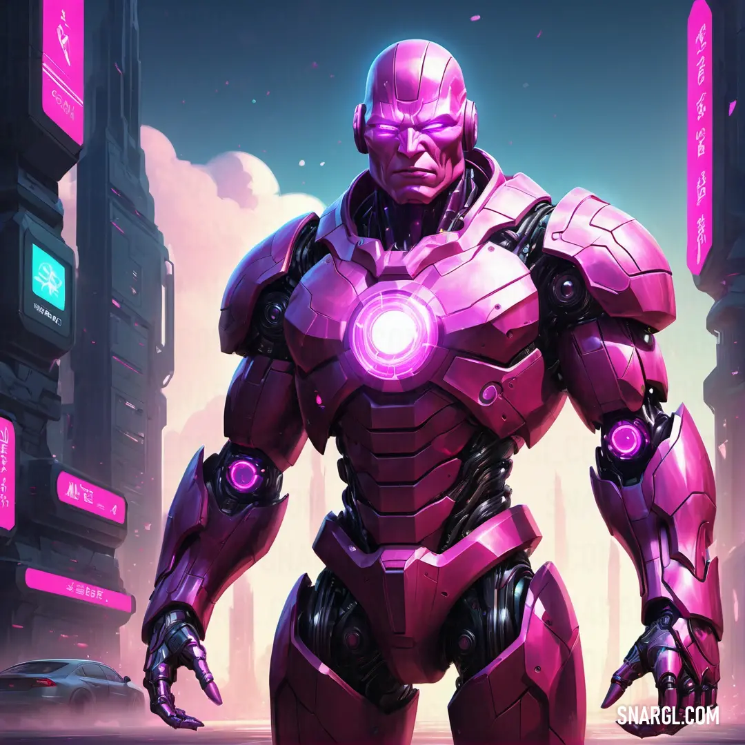 Robot standing in front of a city with a pink light on it's chest and arms. Example of RGB 133,54,123 color.