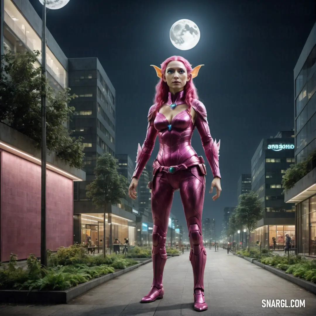 Woman in a pink suit standing in a street at night with a full moon in the background