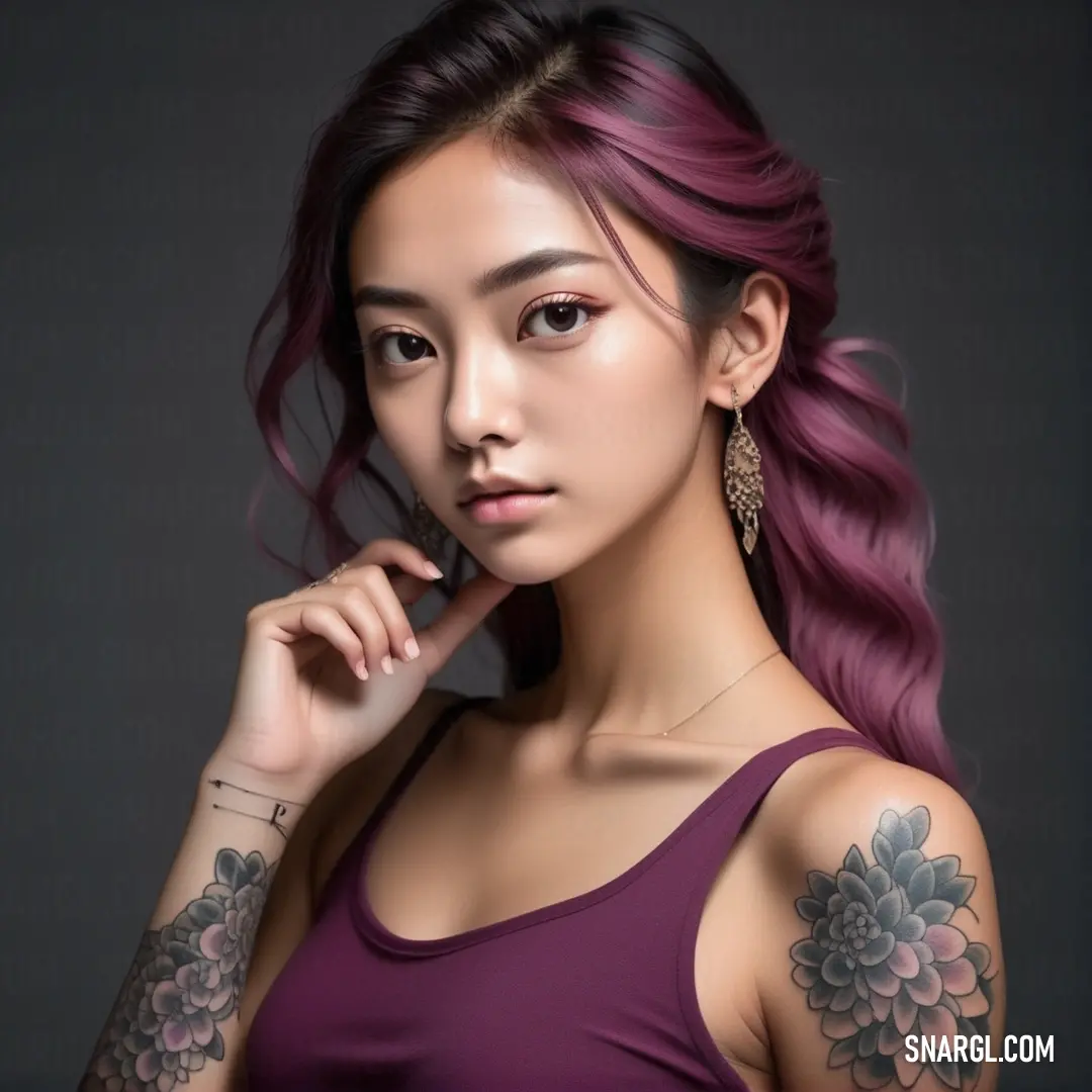 Woman with pink hair and tattoos on her arm and shoulder. Example of #85367B color.