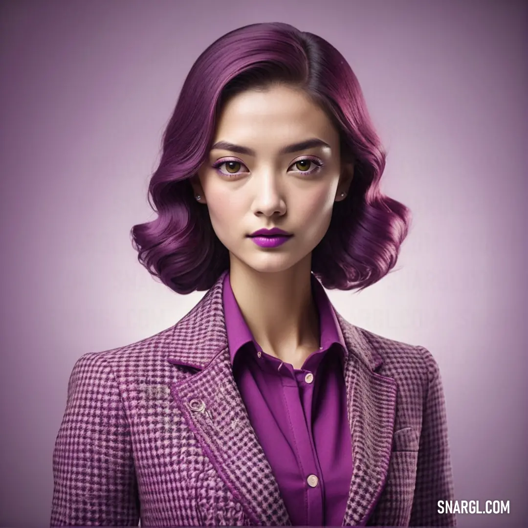 Woman with purple hair and a suit jacket on. Example of #85367B color.