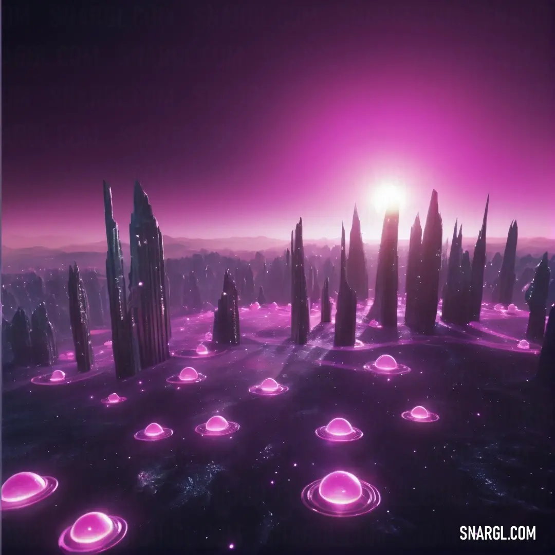 Futuristic city with futuristic lights and planets in the sky. Example of CMYK 53,99,0,0 color.