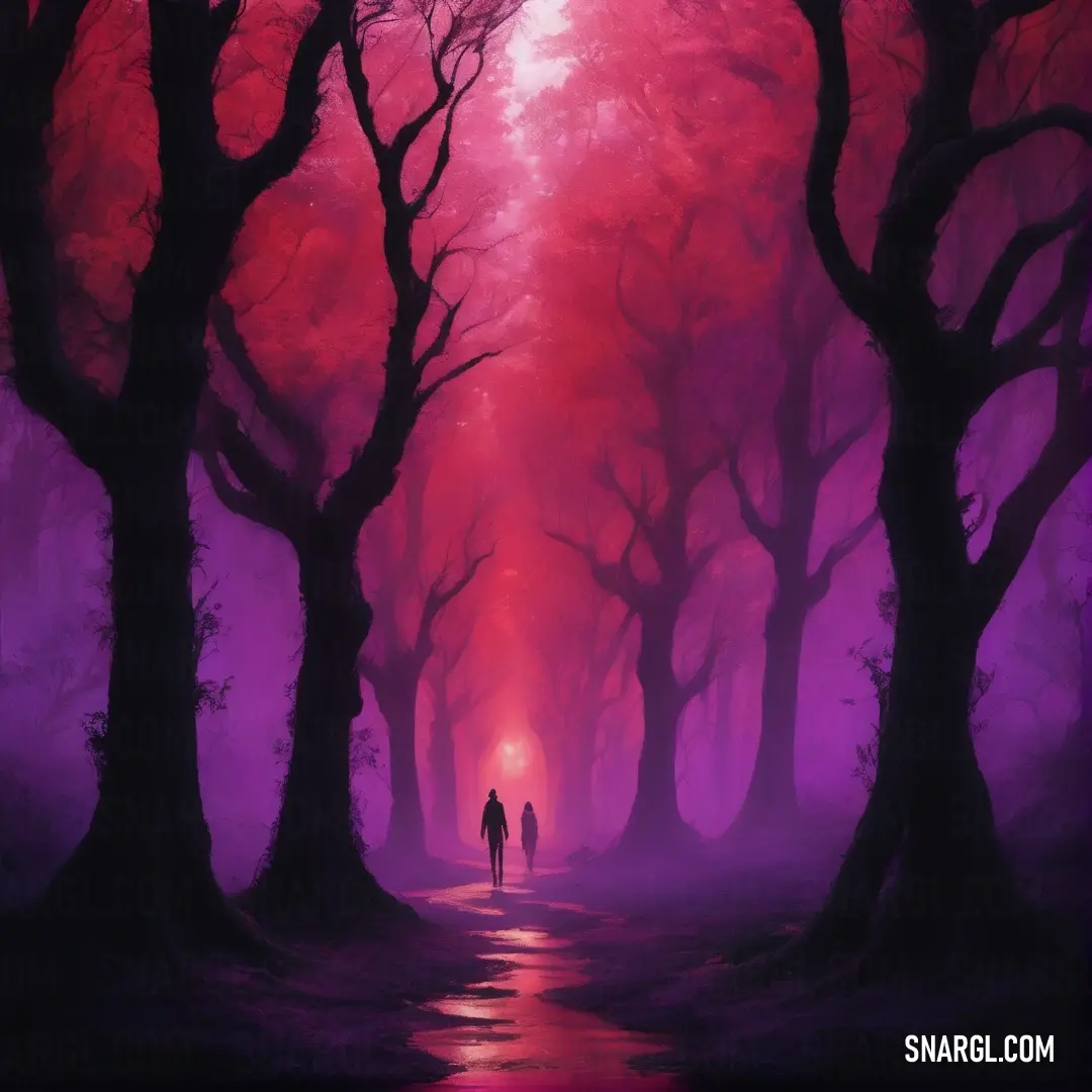 Painting of two people walking down a path in a forest with red trees and a purple sky in the background. Color #983B90.